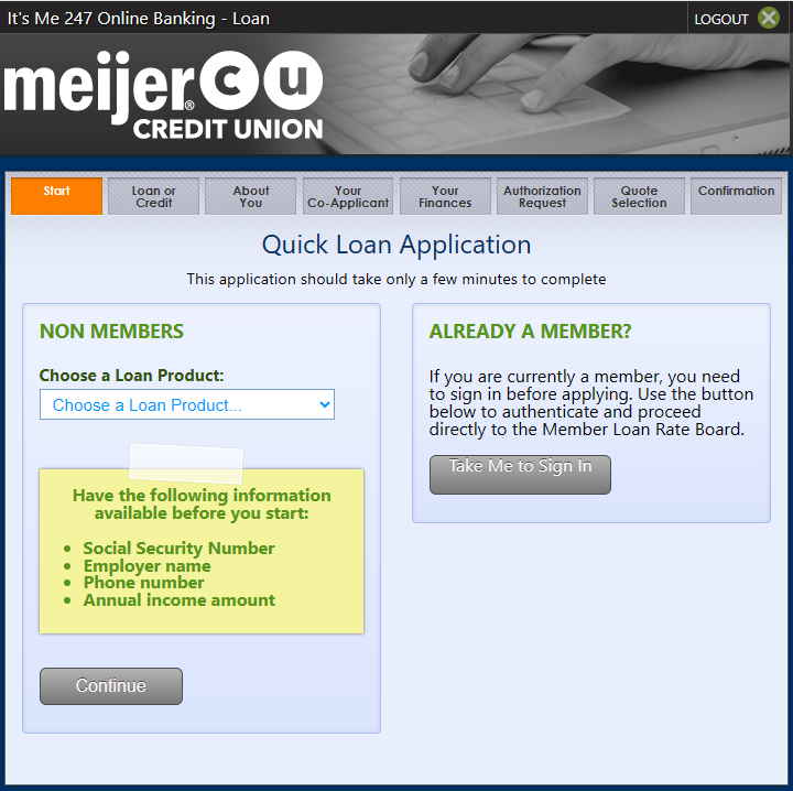 An image of the Quick loan application menu